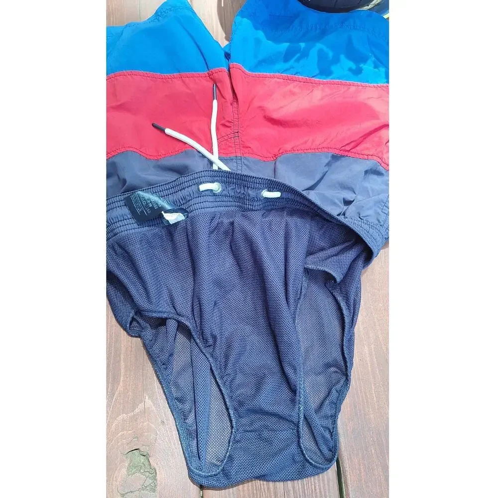 Tommy Hilfiger Men's Color Block Swim Trunks Blue Red Size S Mesh Lined Pockets